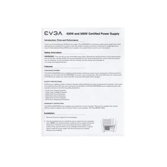 EVGA 500 W1, 80+ WHITE 500W, 3 Year Warranty, Power Supply 100-W1-0500-KR, Black