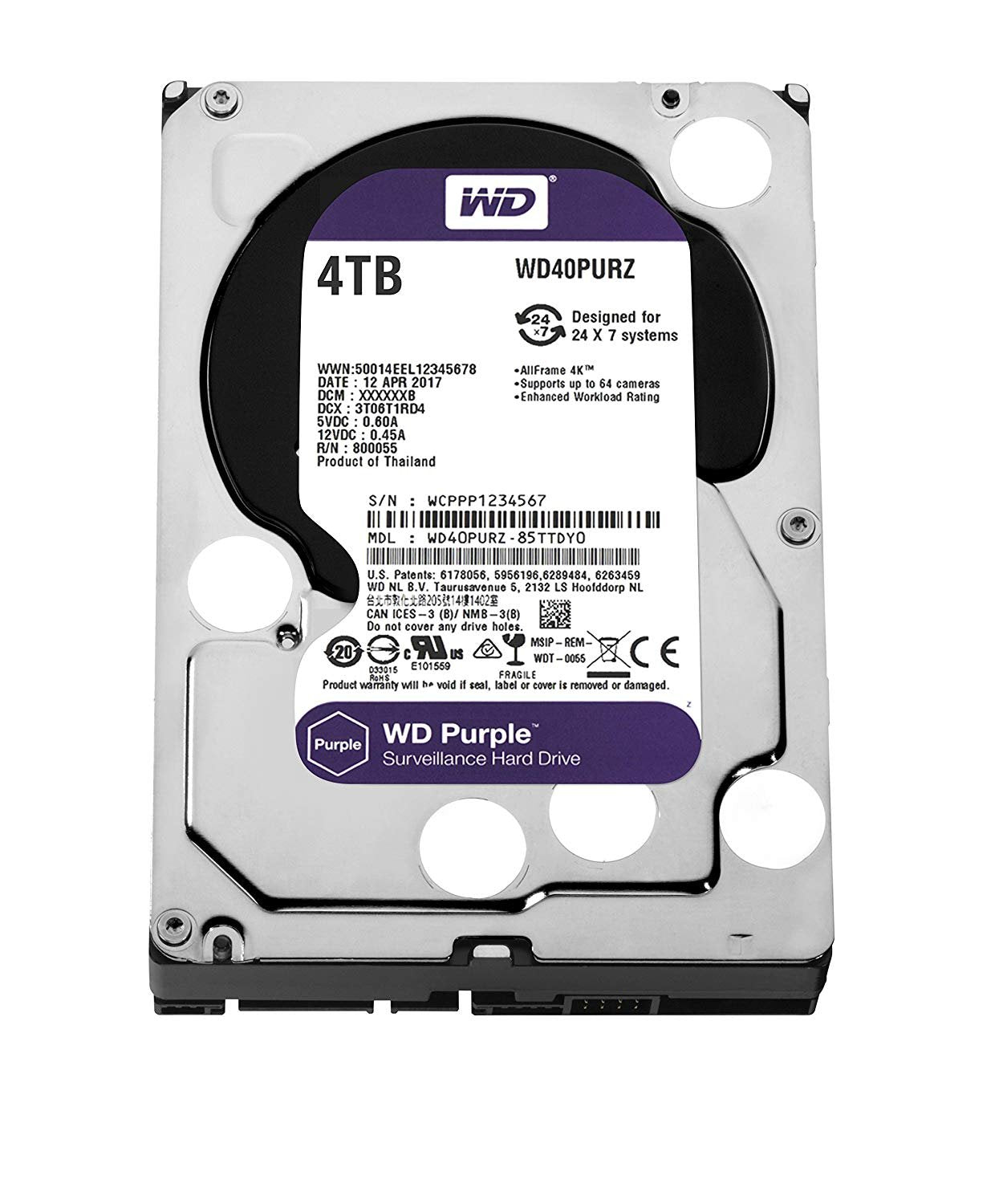 WD Purple 4TB Surveillance Hard Drive - 5400 RPM Class, SATA 6 Gb/s, 64 MB Cache, 3.5" - WD40PURZ