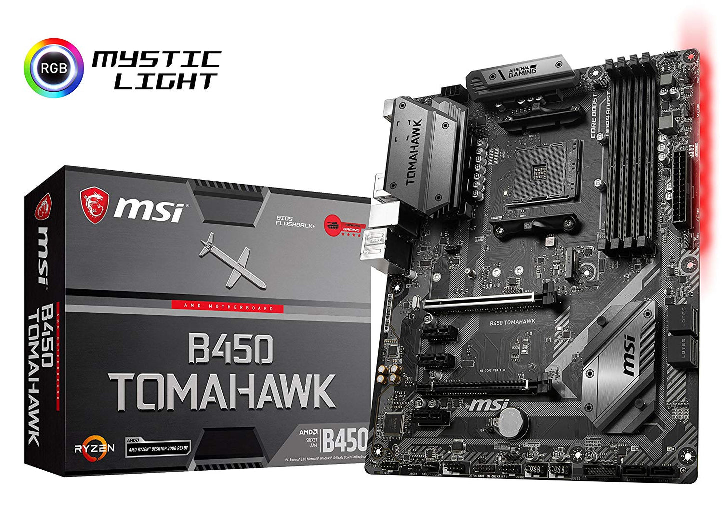 MSI Arsenal Gaming AMD Ryzen 1st and 2nd Gen AM4 M.2 USB 3 DDR4 DVI HDMI Crossfire ATX Motherboard (B450 Tomahawk)